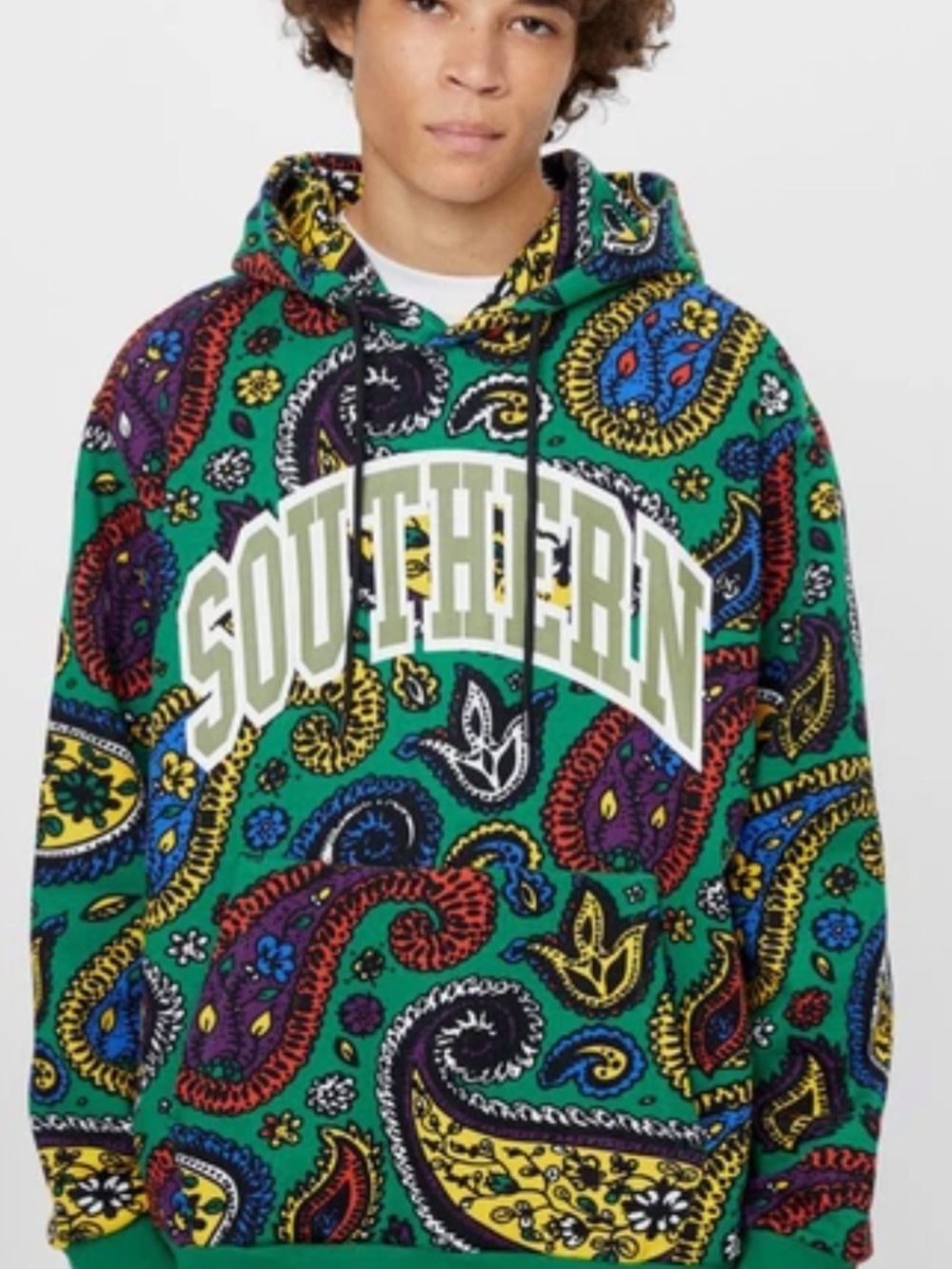 Bershka Green Paisley Graphic Hoodie with Multicolor Print SOUTHERN! L